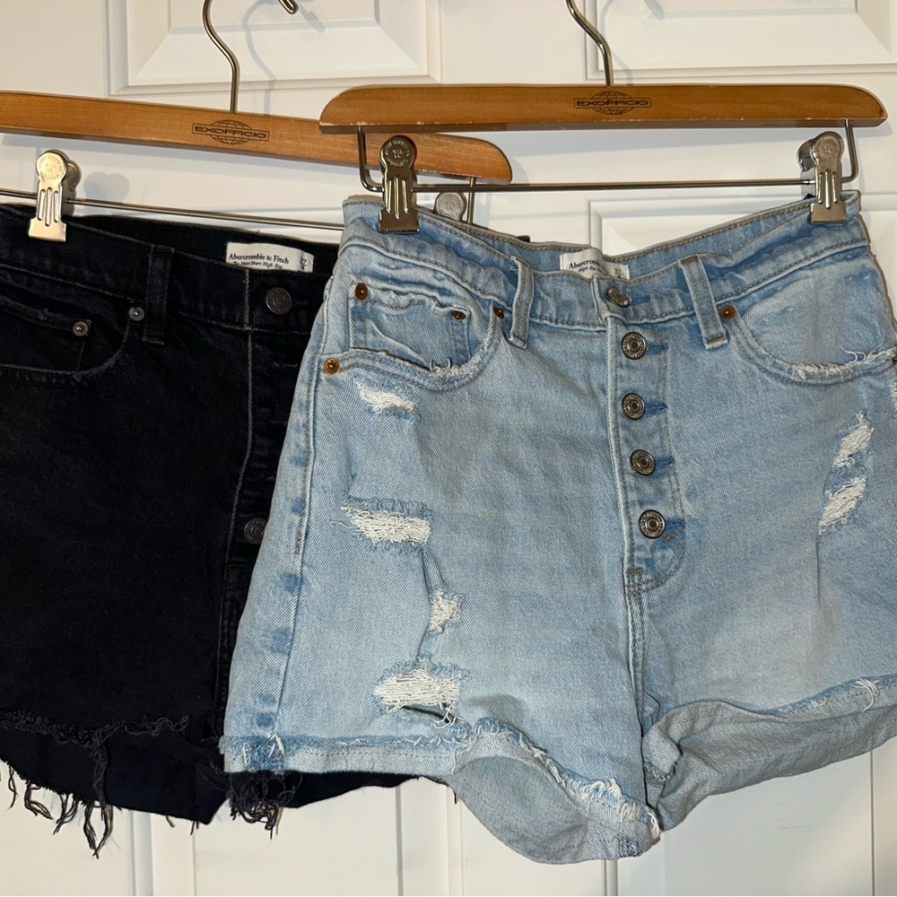 Abercrombie and Fitch Women's Distressed Denim Shorts - Light Blue and Black